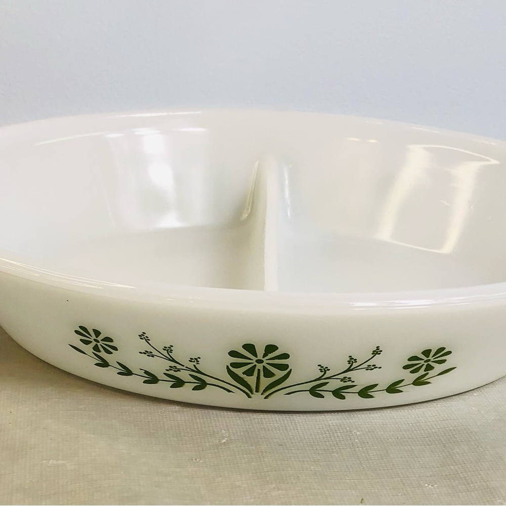 Vintage Glasbake Green Flowers Pattern Divided Casserole Dish 12"x8.5